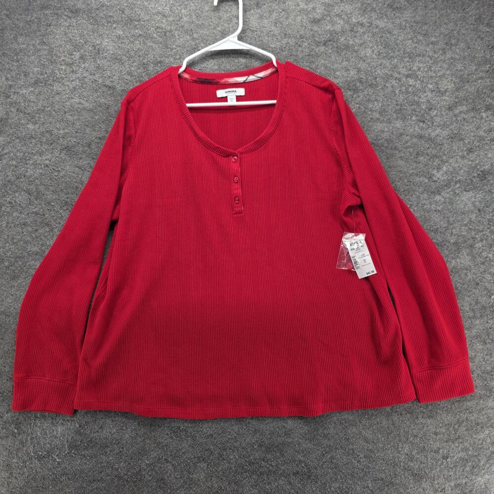 Sonoma Pajama Top Womens XL Red Waffle Knit Scoop Neck Button Sleepwear